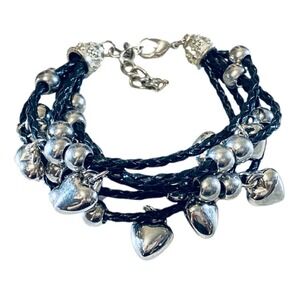 Black braided leather silver heart charms multi strand bracelet
